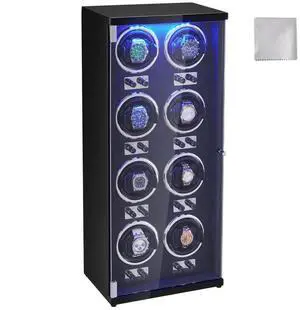 VEVOR Watch Winder, Watch Winder for 8 Men's and Women's Automatic Watches, with 8 Super Quiet Japanese Mabuchi Motors, Blue LED Light and Adapter, High-Density Board Shell and Black PU
