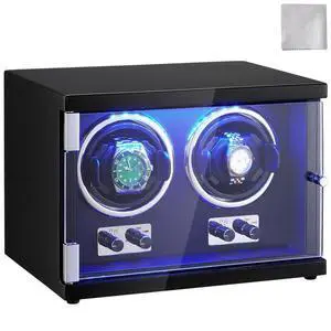 VEVOR Watch Winder, Dual Watch Winder for Men's and Women's Automatic Watch, with 2 Super Quiet Japanese Mabuchi Motors, Blue LED Light and Adapter, High-Density Board Shell and Black PU