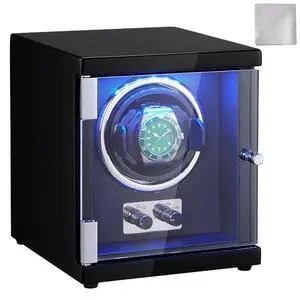 VEVOR Watch Winder, Single Watch Winder for Men's and Women's Automatic Watch, with Super Quiet Japanese Mabuchi Motor, Blue LED Light and Adapter, High-Density Board Shell and Black PU