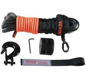 VEVOR Synthetic Winch Rope, 3/16 Inch x 50 Feet 8,350 lbs Synthetic Winch Line Cable Rope with Protective Sleeve + Stopper + Forged Winch Hook + Pull Strap, Universal Fit for ATV, UTV, Vehicle Towing