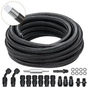 VEVOR 6AN Fuel Line Kit, 25 FT Fuel Hose Kit, 5/16" Nylon Stainless Steel Braided PTFE Fuel Line Kit, E85/Oil/Gas/Diesel Hose End Fitting Kit, with 15 PCS Swivel Fitting Adapter Kit, Black
