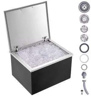 VEVOR Drop in Ice Chest, 28"L x 16"W x 17"H Stainless Steel Ice Cooler, Commercial Ice Bin with Hinged Cover, 40 qt Outdoor Kitchen Ice Bar, Drain-pipe and Drain Plug Included, for Cold Wine Beer