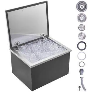 VEVOR Drop in Ice Chest, 20"L x 16"W x 13"H Stainless Steel Ice Cooler, Commercial Ice Bin with Hinged Cover, 40 qt Outdoor Kitchen Ice Bar, Drain-pipe and Drain Plug Included, for Cold Wine Beer