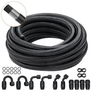 VEVOR 6AN Fuel Line Kit, 20 FT Fuel Hose Kit, 0.34" Nylon Stainless Steel Braided Fuel Line Oil/Gas/Diesel Hose End Fitting Kit, with 12 PCS Swivel Fitting Adapter Kit, Black