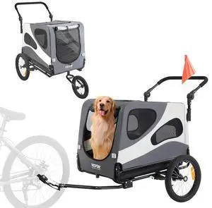 VEVOR Dog Bike Trailer, Supports up to 100 lbs, 2-in-1 Pet Stroller Cart Bicycle Carrier, Easy Folding Cart Frame with Quick Release Wheels, Universal Bicycle Coupler, Reflectors, Flag, Black/Gray
