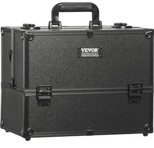 VEVOR Makeup Train Case 14.6 inch Large Portable Cosmetic Case, 6 Tier Trays Professional Makeup Storage Organizer Box Make Up Carrier with Handle And Strap Travel Case for Women and Girls - Black