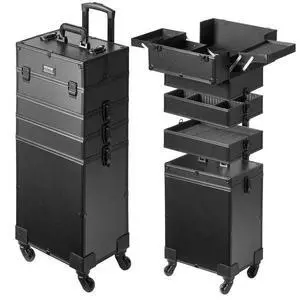 VEVOR 5 in 1 Professional Makeup Train Case Aluminum Cosmetic Case, Rolling Makeup Case Extra Large Trolley Makeup Travel Organizer, with 360° Swivel Wheels & Adjustable Pull Rod, Black