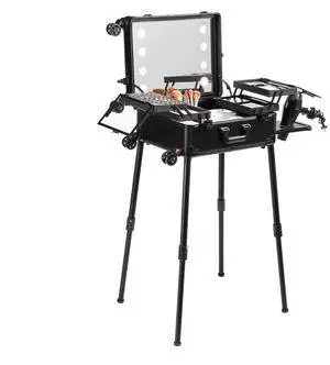 VEVOR Makeup Train Case with Lock, Lighted Mirror, 4 Storage Trays, Brush Holder, Travel Cosmetic Organizer Box w/ Swivel Wheels, Professional Artist Trolley Studio Free Standing Case