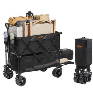 VEVOR Foldable Double Decker Wagon, 400L Collapsible Wagon Cart with All-Terrain Wheels, Heavy Duty Folding Wagon Cart 350 lbs Weight Capacity for Camping, Shopping, Garden, 52" Extra Long Extender