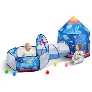 VEVOR 3 in 1 Kids Play Tent with Tunnel for Boys, Girls, Babies and Toddlers, Indoor/Outdoor Pop Up Playhouse with Carrying Bag & Banding Straps Birthday Gifts, Royal Blue Color Rocket Theme