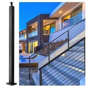 VEVOR Cable Railing Post, 36" x 2" x 2" Steel Level Deck Railing Post Without Holes, SUS304 Stainless Steel Cable Rail Post, Stair Handrail Post with Horizontal and Curved Bracket, 1-Pack, Black