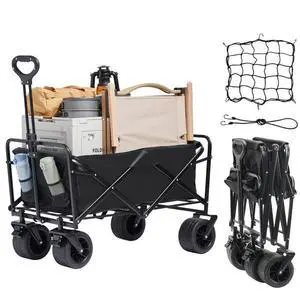 VEVOR Collapsible Folding Wagon, 3 cu.ft Beach Wagon Cart with All-Terrain Wheels, Heavy Duty Folding Wagon Cart 350 lbs Weight Capacity with Drink Holders, Sports Wagon for Camping, Shopping, Garden