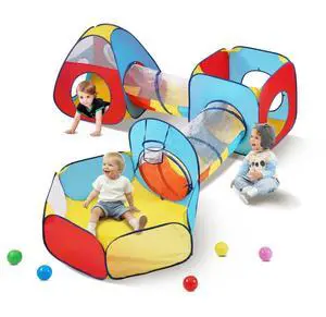 VEVOR 5 in 1 Kids Play Tent with Tunnel, Basketball Hoop for Boys, Girls, Babies and Toddlers, Indoor/Outdoor Pop Up Playhouse with Carrying Bag & Banding Straps Birthday Gifts, Red/Yellow/Blue