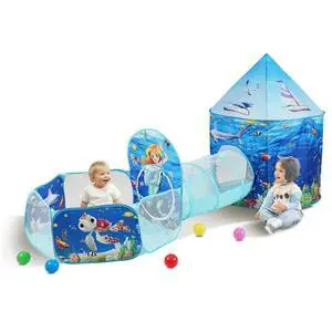 VEVOR 3 in 1 Kids Play Tent with Tunnel, Basketball Hoop for Boys, Girls, Babies and Toddlers, Indoor/Outdoor Pop Up Playhouse with Carrying Bag & Banding Straps Birthday Gifts, Blue Ocean
