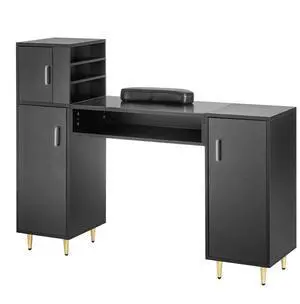 VEVOR Manicure Table, Glass Top Nail Desk, Makeup Dressing Nail Station with Storage Cabinets, Acetone-Resistant Nail Tech Table for Spa Beauty Salon Workstation with Wrist Rest, 8 Metal Legs, Black