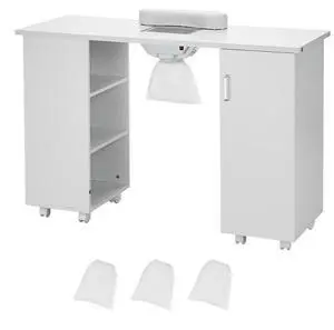 VEVOR Manicure Table, Nail Table Station with Electric Dust Collector, Moveable Nail Tech Desk with 8 Wheels (4 Lockable), 3 Dust Bag & Wrist Rest, MDF Nail Art Workstation for Spa Beauty Salon, White