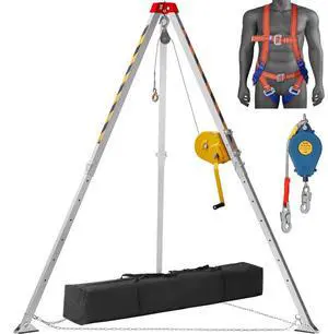 VEVOR  Confined Space Tripod Kit, Confined Space Tripod 7' Legs and 98' Cable, Confined Space Rescue Tripod 32.8' Fall Protection, 1800 lbs Winch, Harness, Storage Bag