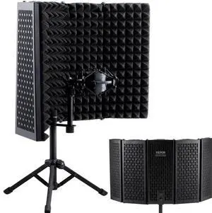 VEVOR Microphone Isolation Shield, 5-Panel, Studio Recording Mic Sound Shield, with Pop Filter Desktop Tripod Stand and 3/8'' to 5/8'' Microphone Adapter, for Blue Yeti and Condenser Microphones