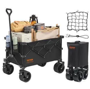 VEVOR Collapsible Folding Wagon, 150 L Beach Wagon Cart with All-Terrain Wheels, Heavy Duty Folding Wagon Cart Max 265 lbs with Drink Holders, Sports Wagon for Camping, Shopping, Garden