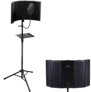VEVOR Microphone Isolation Shield, 5-Panel, Studio Recording Foldable Mic Sound Shield, with Pop Filter Floor Tripod Stand 3/8'' to 5/8'' Microphone Adapter, for Blue Yeti and Condenser Microphones