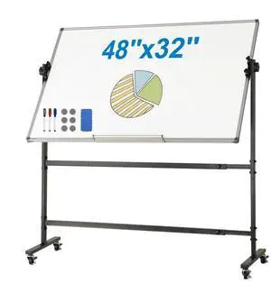 VEVOR Rolling Whiteboard, 48x32 inch Double-Sided Magnetic Mobile Whiteboard, 360° Reversible Adjustable Height Dry Erase Board with Wheels & Movable Tray for Office School