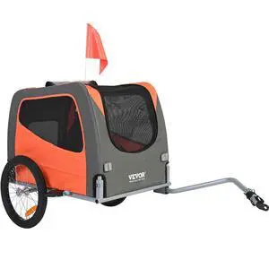 VEVOR Dog Bike Trailer, Supports up to 66 lbs, Pet Cart Bicycle Carrier, Easy Folding Frame with Quick Release Wheels, Universal Bicycle Coupler, Reflectors, Flag, Collapsible to Store, Orange/Gray