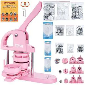 VEVOR 3-IN-1 Button Maker, 1/1.25/2.28 inch(25/32/58mm) Pin Maker, 300pcs Button Parts,Button Maker Machine with Panda Magic Book,  Ergonomic Arc Handle Punch Press Kit, For Children DIY Gifts, Pink