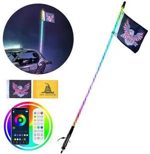 VEVOR 1 PC 4 FT Whip Light, APP & RF Remote Control Led Whip Light, Waterproof 360° Spiral RGB Chasing Lighted Whips with 2 Flags, for UTVs, ATVs, Motorcycles, RZR, Can-am, Trucks, Off-road, Go-karts