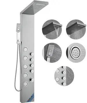 VEVOR Shower Panel System, 4 Shower Modes Shower Panel Tower, Rainfall, Waterfall, 5 Full Body Massage Jets and 3-Setting Handheld Shower Head with 59" Hose, Stainless Steel Wall-Mounted Shower Set