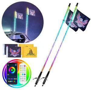VEVOR 2 PCS 4 FT Whip Light, APP & RF Remote Control Led Whip Light, Waterproof 360° Spiral RGB Chasing Lighted Whips with 4 Flags, for UTVs, ATVs, Motorcycles, RZR, Can-am, Trucks, Off-road, Go-karts VEVOR 2 PCS 4 FT Whip Light, APP & RF Remote Control Led Whip Light, Waterproof 360° Spiral RGB Chasing Lighted Whips with 4 Flags, for UTVs, ATVs, Motorcycles, RZR, Can-am, Trucks, Off-road, Go-karts