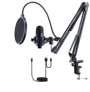VEVOR USB Microphone, 192kHz/24-bit, Professional Condenser Microphone Kit, with Boom Arm Stand Pop Filter Shock Mount Mute Button Headphones Jack, for Podcast Recording Video Gaming Singing Streaming