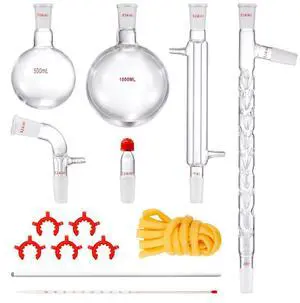 VEVOR Lab Distillation Kit, 3.3 Boro Lab Glassware Distillation Kit with 24, 40 Joint, 1000ml Essential Oil Distillation Apparatus Kit, 14 pcs Set of Glassware Equipment