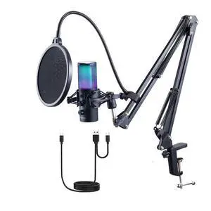VEVOR USB Microphone, 192 kHz/24-bit, Professional Condenser Microphone Kit with Boom Arm Stand Pop Filter Shock Mount, 11 RGB Lighting Effects Mute Button Headphones Jack for Recording Gaming Singing