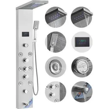VEVOR Shower Panel System, 6 Shower Modes, LED & Screen Hydroelectricity Shower Panel Tower, Rainfall, Waterfall, 8 Massage Jets, Tub Spout, Handheld Shower, Stainless Steel Wall-Mounted Shower Set