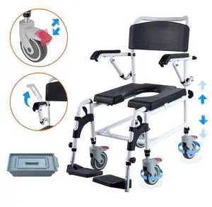 VEVOR Shower Commode Wheelchair with 4 Lockable Wheels, Footrests, Flip-up Arms, 3-Level Adjustable Height, 5L Removable Bucket, 350 LBS Capacity, Commode Chair for Adults Seniors