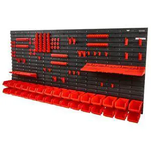 VEVOR Wall Mounted Storage Bins, 30-Bin Parts Rack Organizer Garage Plastic Shop Tool with Wall Panels/Tool Holders/Hooks, Tool Organizer for Nuts, Bolts, Screws, Nails, Beads, Buttons, Black and Red