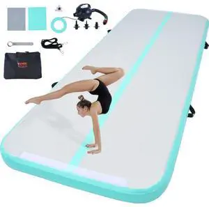 VEVOR Gymnastics Air Mat, 4 inch Thickness Inflatable Gymnastics Tumbling Mat, Tumble Track with Electric Pump, Training Mats for Home Use/Gym/Yoga/Cheerleading/Beach/Park/Water, 10 ft, Mint Green
