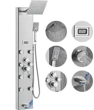 VEVOR Shower Panel System, 5 Shower Modes, Digital Display Shower Panel Tower, Rainfall, 8 Massage Jets, Tub Spout, 3-Setting Handheld Shower Head 59" Hose, Stainless Steel Wall-Mounted Shower Set