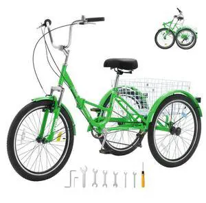 VEVOR Folding Adult Tricycle, 24-Inch 7-Speed Adult Folding Trikes, Carbon Steel 3 Wheel Cruiser Bike with Basket & Adjustable Seat, Shopping Picnic Foldable Tricycles for Women, Men, Seniors (Green)
