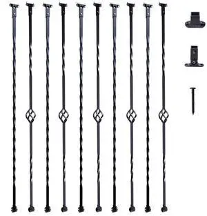 VEVOR Staircase Metal Balusters, 44'' x 1/2" Galvanized Steel Decorative Banister Spindles, 10 Pack Deck Baluster with Hollow Single Baskets, Twists, Spiral Stair Railing w/ Shoes & Screws