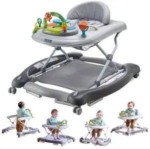 VEVOR 4-in-1 Baby Walker, Foldable Baby Activity Center on Wheels, 3 Adjustable Height, Music & Toys Tray, Learning-Seated | Walk-Behind | Rocker | Bouncer Toddler Walker for Girls Boys  6-24 Months