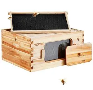 VEVOR Bee Hive Deep Box Starter Kit, 100% Beeswax Coated Natural Cedar Wood, Langstroth Beehive Kit with 10 Frames and Foundations, Transparent Acrylic Bee Windows for Beginners and Pro Beekeepers