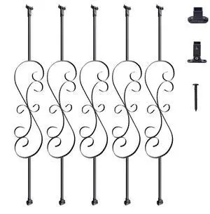 VEVOR Staircase Metal Balusters, 44'' x 1/2" Galvanized Steel Decorative Banister Spindles, 5 Pack S Shape Deck Baluster, Hollow Satin Black Spiral Stair Railing with Shoes & Screws
