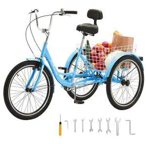 VEVOR  Adult Tricycles Bike, 24 Inch Three-Wheeled Bicycles, 3 Wheel Bikes Trikes, Carbon Steel Cruiser Bike with Basket & Adjustable Seat, Picnic Shopping Tricycles for Seniors, Women, Men (Blue)