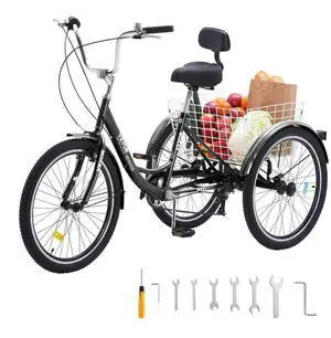 VEVOR Adult Tricycles Bike, 7 Speed Adult Trikes, 24 Inch Three-Wheeled Bicycles, Carbon Steel Cruiser Bike with Basket and Adjustable Seat, Picnic Shopping Tricycles for Seniors, Women, Men  (Black)
