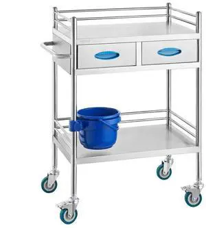 VEVOR Lab Serving Cart, 2 Layers Stainless Steel Utility Rolling Cart, Medical Cart with Two Drawers, Dental Utility Cart with Lockable Wheels and A Bucket, for Laboratory, Hospital, Dental Use
