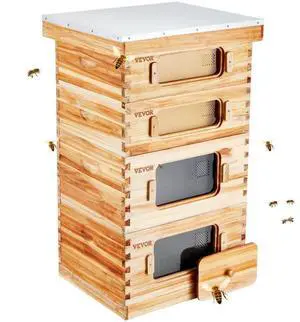 VEVOR Bee Hive 40 Frame Bee Hives Starter Kit, Beeswax Coated Cedar Wood, 2 Deep + 2 Medium Bee Boxes Langstroth Beehive Kit, Transparent Acrylic Windows with Foundations for Beginners Pro Beekeepers