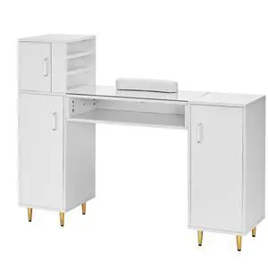 VEVOR Manicure Table, Glass Top Nail Desk, Makeup Dressing Nail Station with Storage Cabinets, Acetone-Resistant Nail Tech Table for Beauty Salon Spa Workstation with 8 Metal Legs, Wrist Rest, White