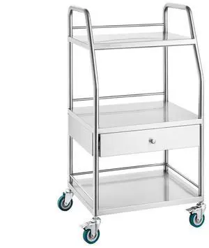 VEVOR Lab Serving Cart, 3 Layers Stainless Steel Utility Rolling Cart, Medical Cart with A Drawer, Dental Utility Cart with Lockable Wheels, for Laboratory, Hospital, Dental Use