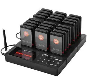 VEVOR Restaurant Pager System, Wireless 400m Long Range Lineup Waiting Queue Signal, Guest Customer Calling Beepers with Vibration & Flashing, 24 Buzzers for Food Truck, Church, Nursery, Hospital